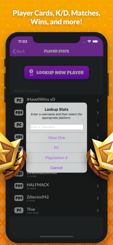 Interface of the Fortnite Cheat Sheet app showing the player statistics lookup tool with platform options for Xbox PC and PlayStation