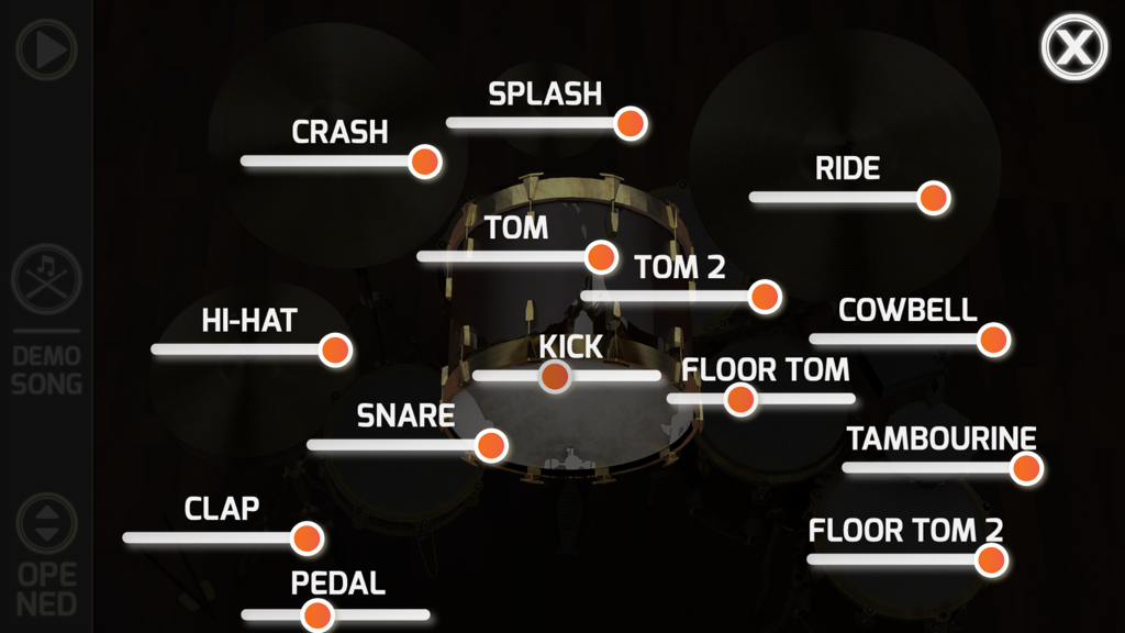 Virtual drum kit interface with labeled components like snare and hi-hat