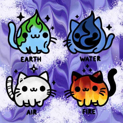 4 cats that represent the different elements, earth, water, air, and fire