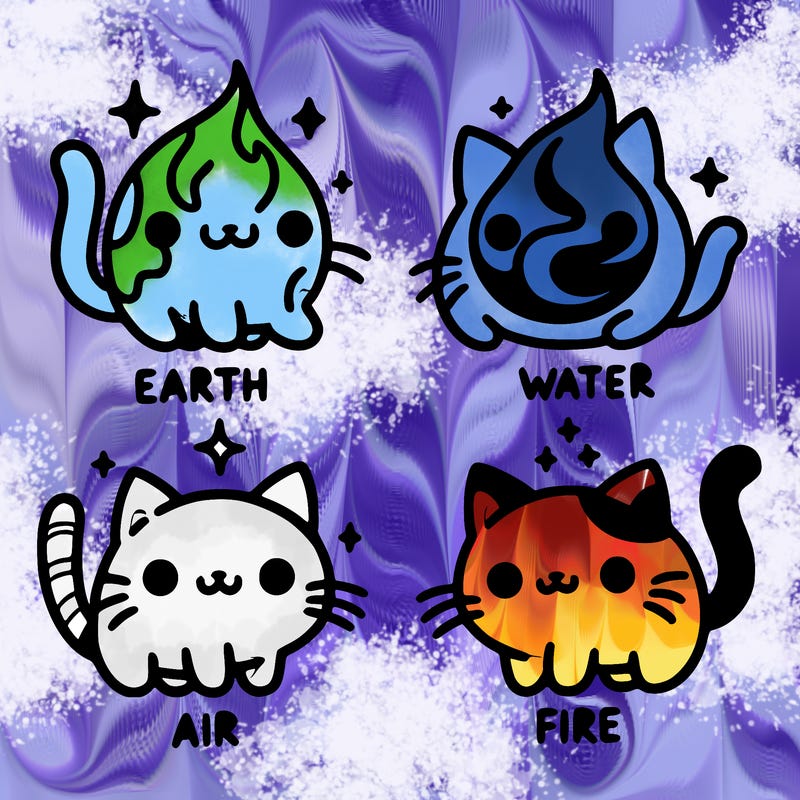 4 cats that represent the different elements, earth, water, air, and fire