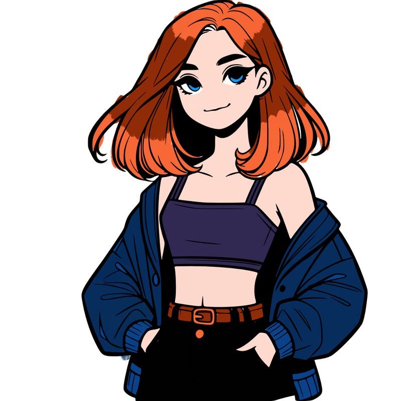 a realistic girl with a crop top and short shorts in an open jacket