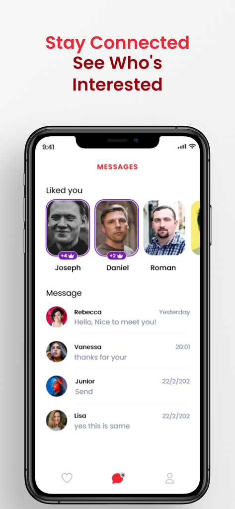 Screenshot der Nachrichtenoberfläche der Taaruf-App, der die Profile von Nutzern anzeigt, die Interesse gezeigt haben, und eine Liste aktueller Chat-Gespräche