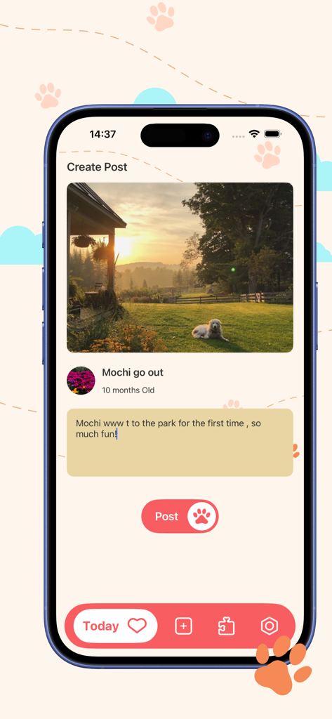 Interface showing a pet memory post with a white dog photo and a note about a first park visit