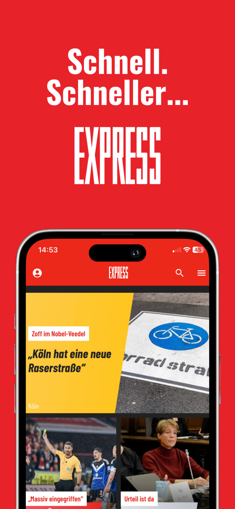 EXPRESS – Cologne News & Sport - A smartphone screen displaying the EXPRESS app with local Cologne news headlines and sports coverage
