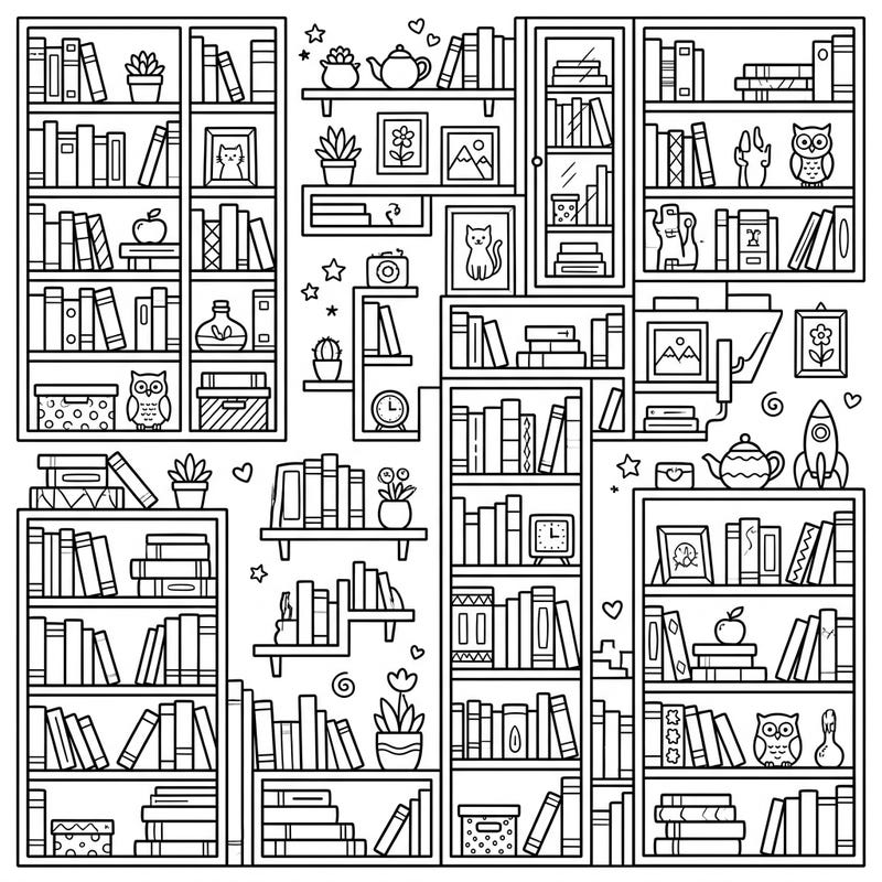 Explore a beautifully intricate collection of bookcases and display shelves, all ready for your creative touch. This detailed coloring page is packed with books, plants, and charming decorative objects to bring to life with color.