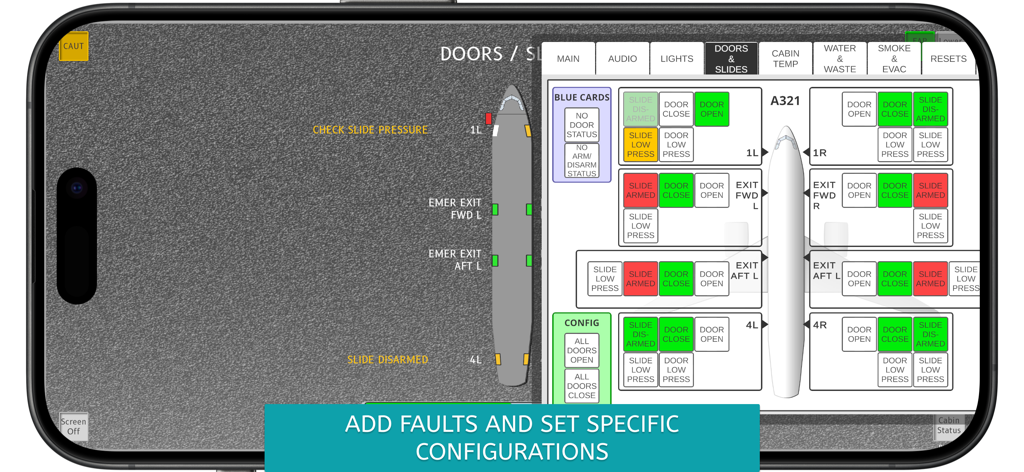 A320 FAP Simulator - Interfaz del Simulador A320 FAP mostrando el estado de puertas y toboganes para una aeronave A321.