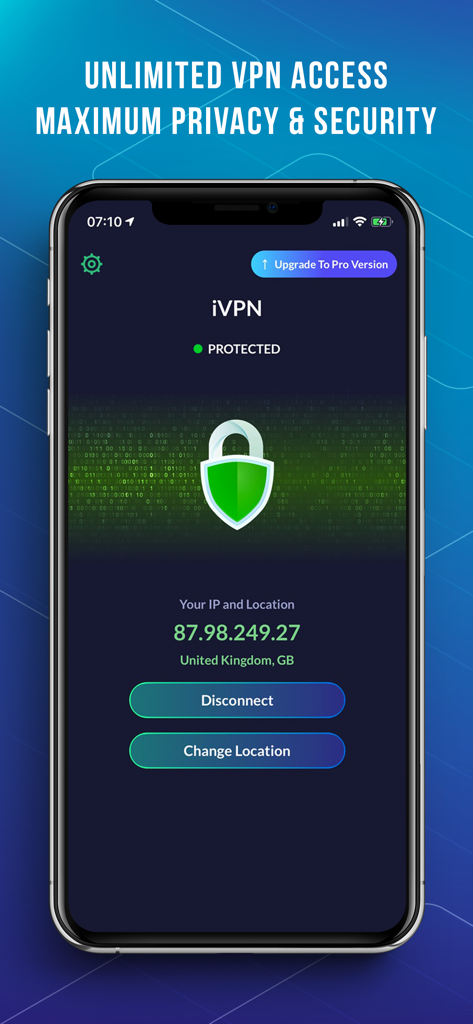 iVPN: VPN for Privacy,Security - iVPN mobile app interface showing a protected connection with a green shield icon and location details