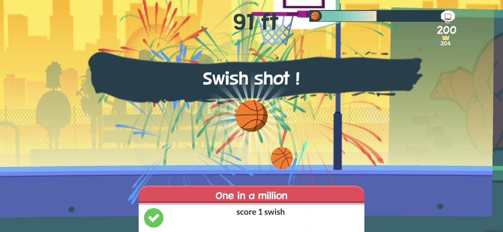 Basketball Orbit - Basketball Orbit gameplay showing a swish shot achievement with colorful firework effects on a street court