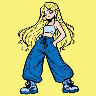 girl in baggy pants crop top and long hair