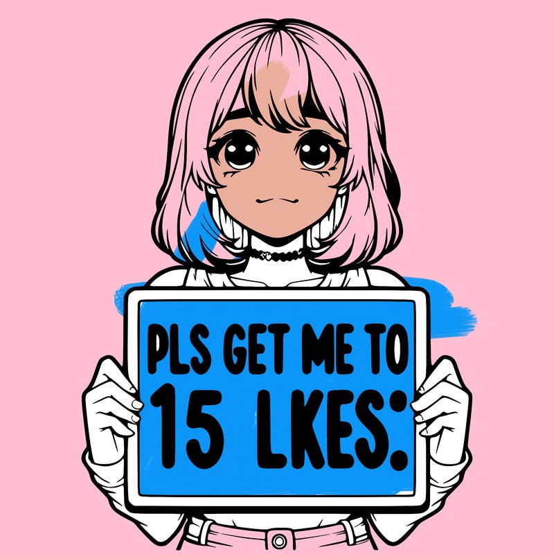realistic girl holding up a sign that says “pls get me to 15 likes!”
