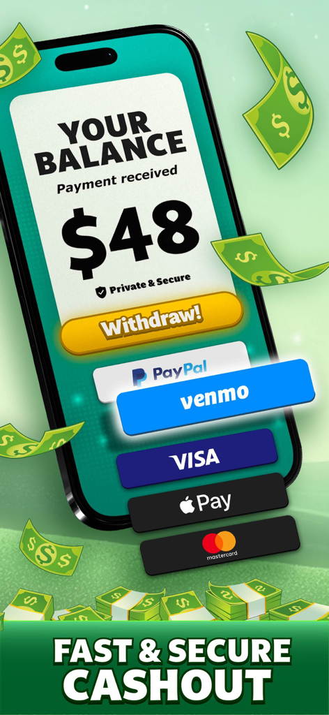 Solitaire - Win Cash - Tela de smartphone mostrando um saldo de 48 dólares e opções de saque como PayPal e Venmo para o aplicativo Solitaire Win Cash