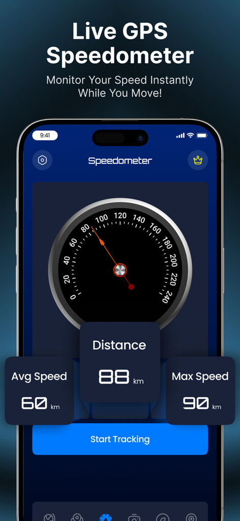 Live GPS Speedometer interface showing travel distance and speed metrics