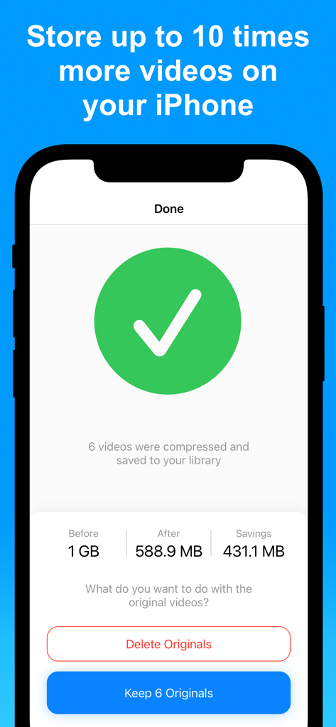 Compress Videos & Resize Video - Interface de l'application iPhone montrant les résultats de compression vidéo réussis et les économies de stockage.