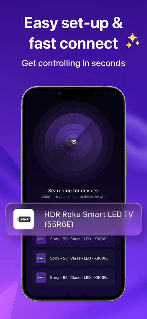 TV Remote for TV Universal - Interfaz de la aplicación Universal TV Remote buscando y conectándose a un televisor inteligente Roku