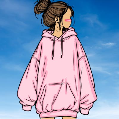 realistic girl with a oversized sweatshirt on and a bun