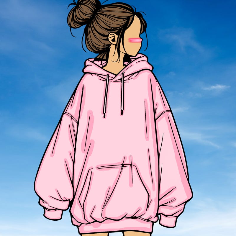 realistic girl with a oversized sweatshirt on and a bun