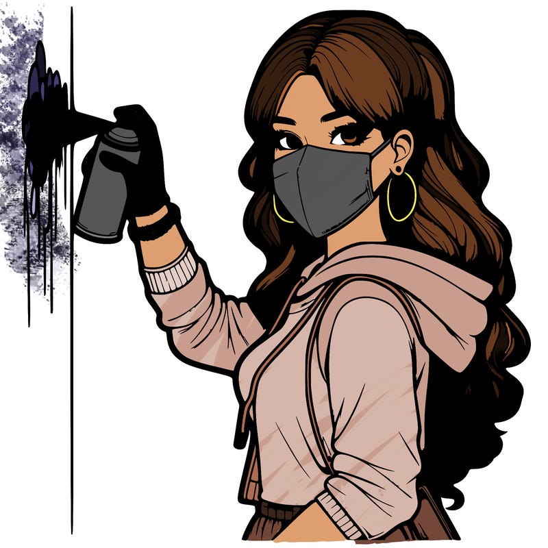 realistic girl with mask spray painting a wall