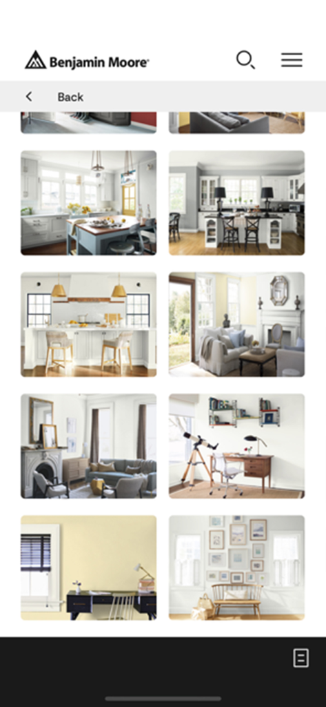 Galerie d'inspiration présentant différents styles de design d'intérieur et couleurs de peinture dans l'application Benjamin Moore