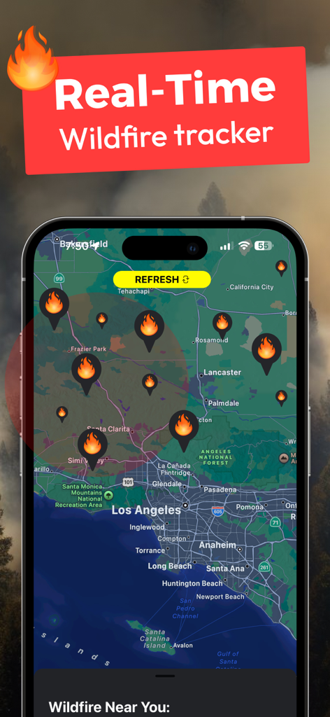 A real-time wildfire tracking map on a mobile device showing active fire pins across California