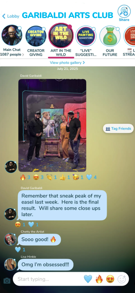 Un chat de groupe dans l'application Sircles montrant un artiste partageant une peinture avec des réactions positives de la communauté