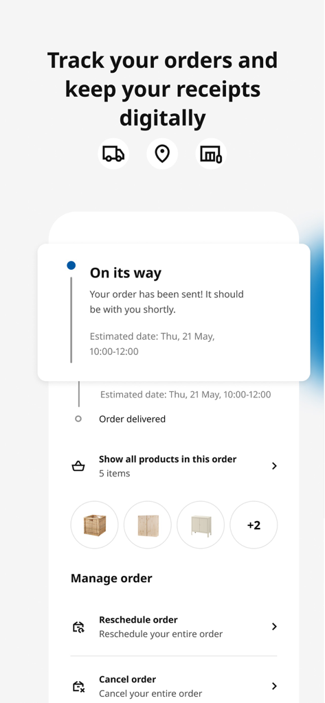 IKEA mobile app interface for tracking orders and managing digital receipts