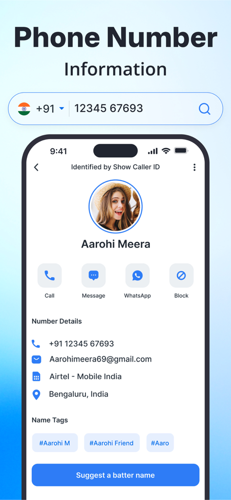 Smartphone screen showing caller identity details including photo name and location