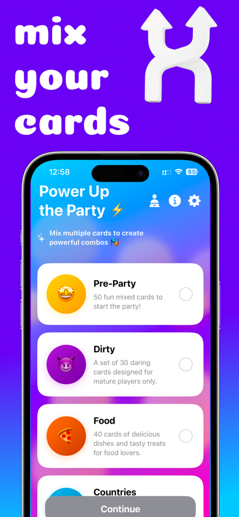 A mobile screen showing different card packs like Pre-Party and Dirty to mix and play in the Imposter game