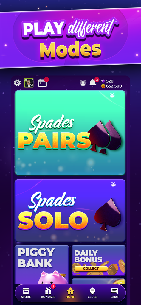 Menu principal do VIP Spades mostrando opções para os modos de jogo Spades Pares e Spades Solo junto com bônus diários