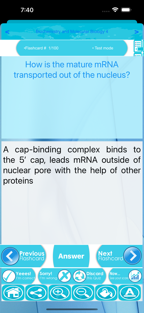 Flashcard interface in the Biochemistry and Molecular Biology app showing an mRNA transport question and answer.