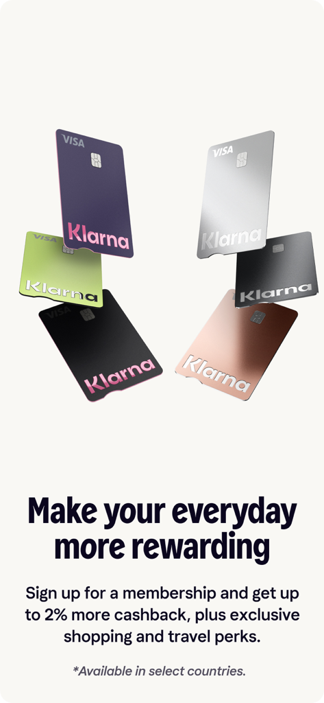 A group of colorful floating Klarna Visa cards with promotional text for membership rewards and cashback