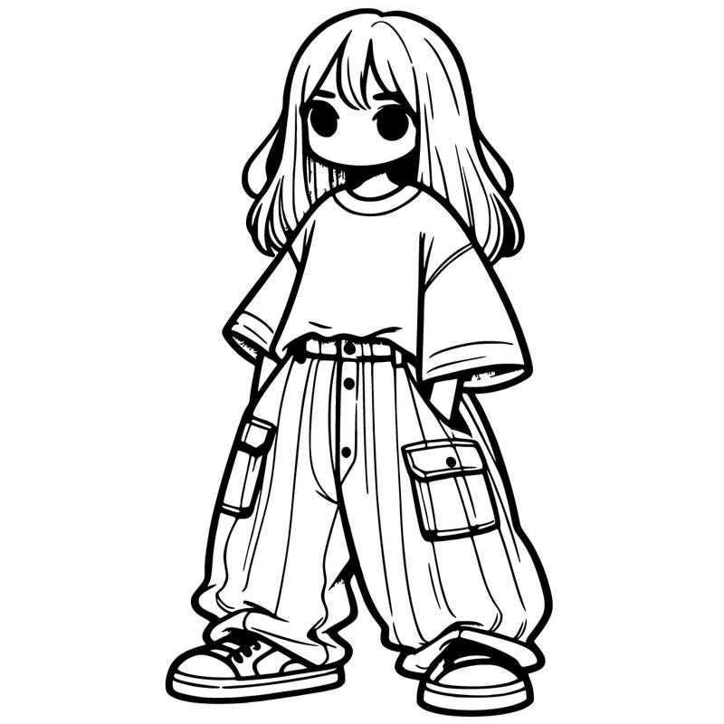 one girl with long hair and baggy pants and a over sized t shirt