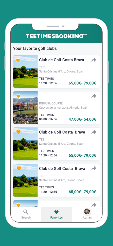 Tee Times Booking - Der Favoriten-Bildschirm zeigt eine Liste gespeicherter Golfclubs mit Abschlagzeiten und Preisen.