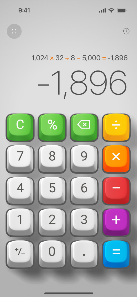 Basic Calculator with History - Interface of the Basic Calculator with History app featuring 3D colorful buttons and a displayed calculation process.
