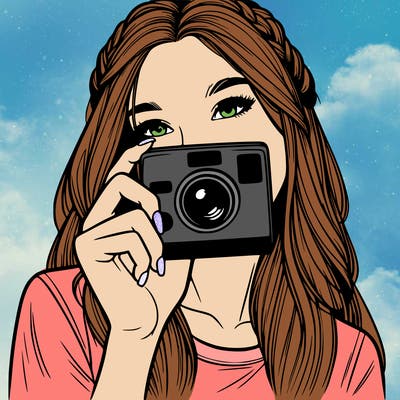 realistic girl taking a polaroid picture