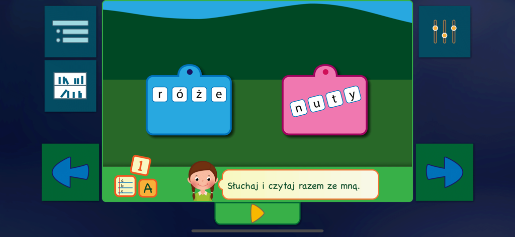 Polskie Ortogramy 2 - Educational screen from a Polish language learning app showing vocabulary exercises for children.