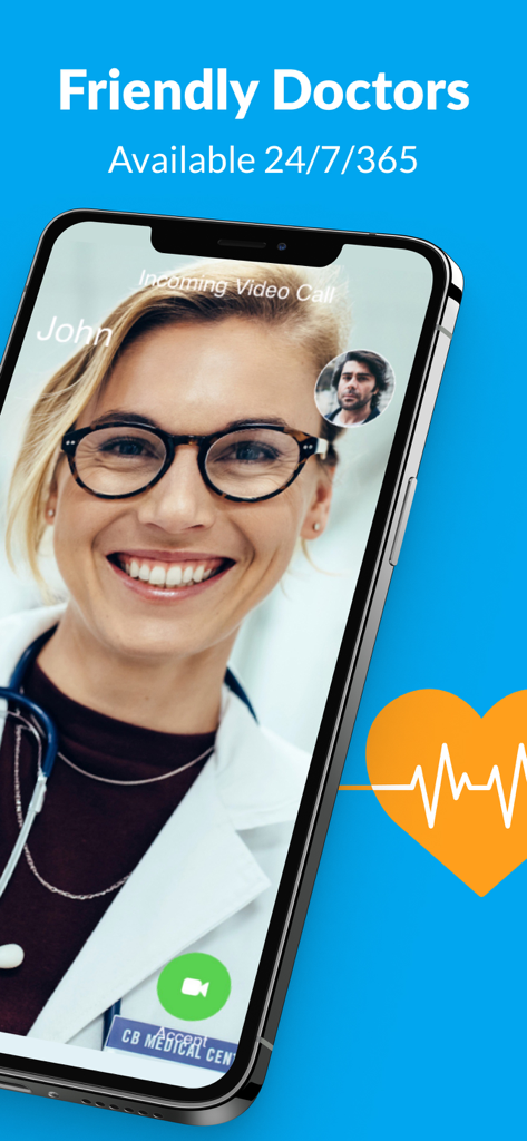 WeHealth Telehealth - Eingehender Videoanruf von einem freundlichen Arzt in der WeHealth App.