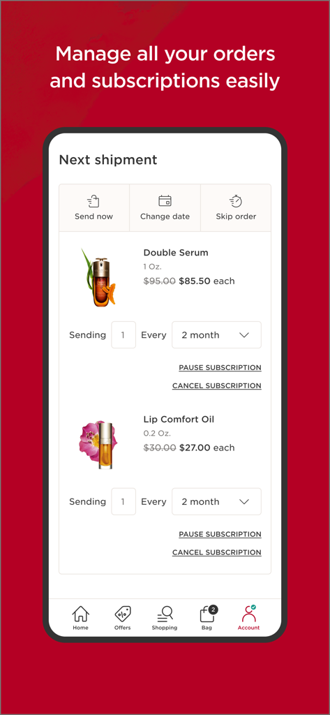 Clarins - Skincare and Makeup - Interface de l'application Clarins montrant les détails de l'abonnement et les options de livraison pour les produits de soins.