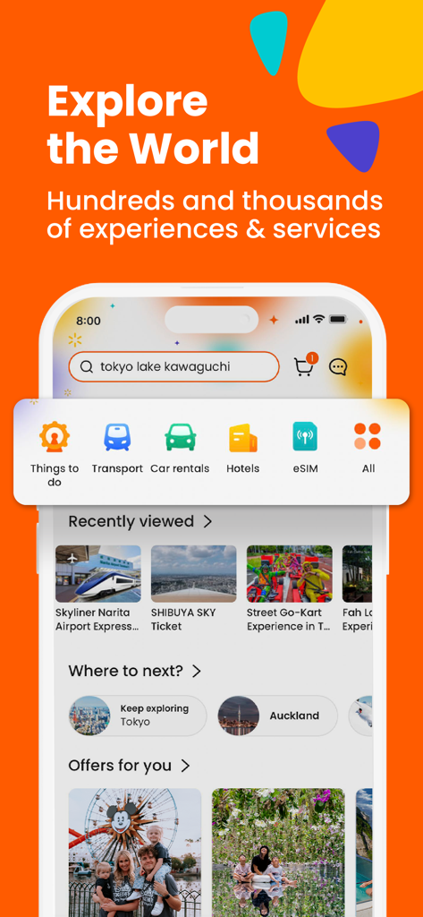 Klook app home screen showing travel booking categories and activity recommendations for Tokyo and Auckland.