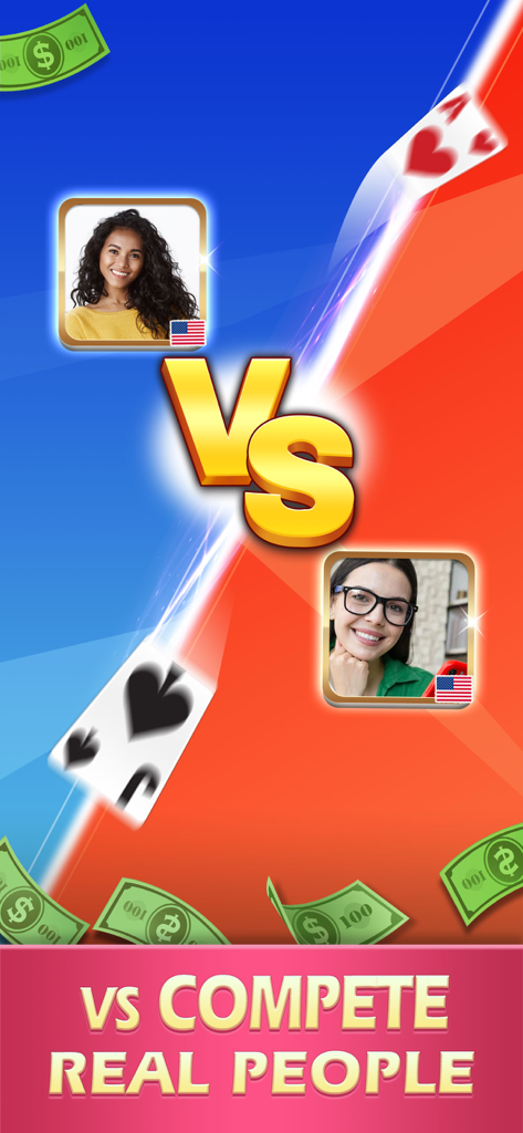 21 of Cash - Win Real Money - 21 of Cashアプリの画面。アバターとプレイングカードを持つ1対1の対戦画面を表示。