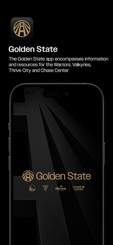 Golden State + Chase Center - ゴールデンステートアプリのスプラッシュスクリーン。ウォリアーズ、ヴァルキリーズ、スライヴ・シティ、チェイス・センターのブランディングが特徴。