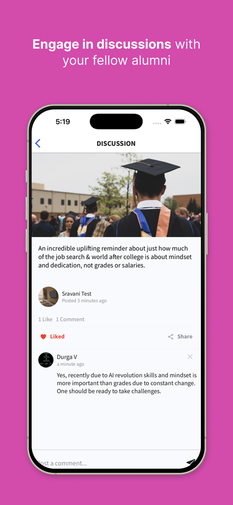 My Alumni Network - Alumni network app discussion screen featuring a post about career mindset and graduation memories