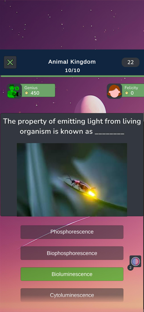 Zoology Knowledge Quiz - Uma pergunta de quiz de zoologia sobre bioluminescência com uma imagem de vaga-lume