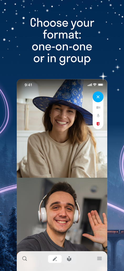 Skyeng: Learn English - Split screen mobile view showing a one on one video English lesson between a teacher and a student