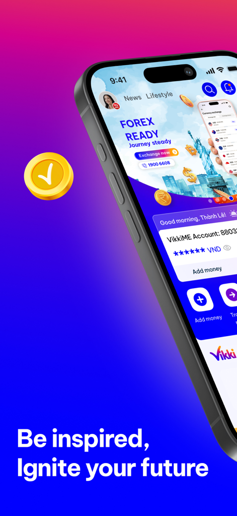 Vikki - Ngân hàng Số - Vikkiデジタルバンキングアプリのインターフェース、外国為替機能と口座管理機能を表示