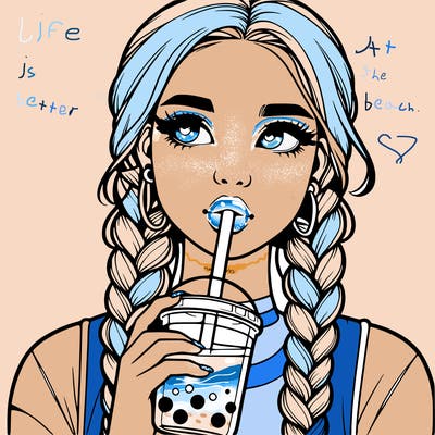 realistic girl with braided hair drinking boba
