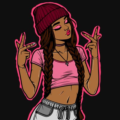 realistic teenage girl with braids and a beanie and crop top doing 🫶🏼