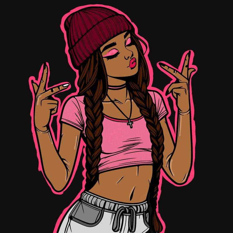 realistic teenage girl with braids and a beanie and crop top doing 🫶🏼
