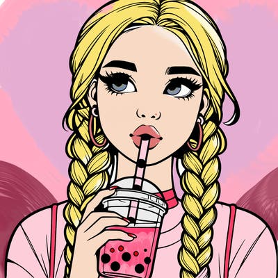 realistic girl with braided hair drinking boba
