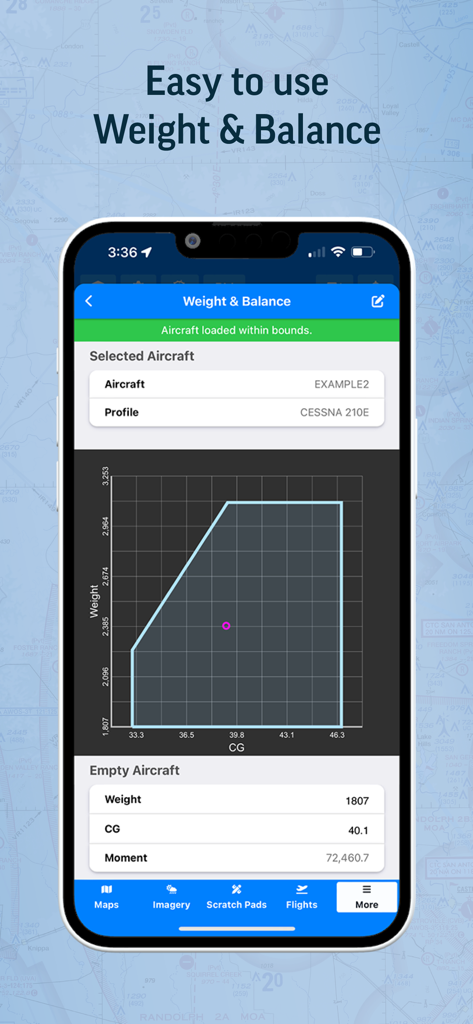 Aviator Assistant: Weather EFB - Aviator Assistant app weight and balance calculator screen showing aircraft loading limits