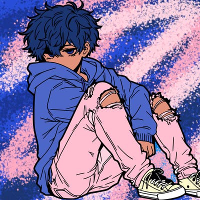 a male hoddie ripped jeans messy hair anime